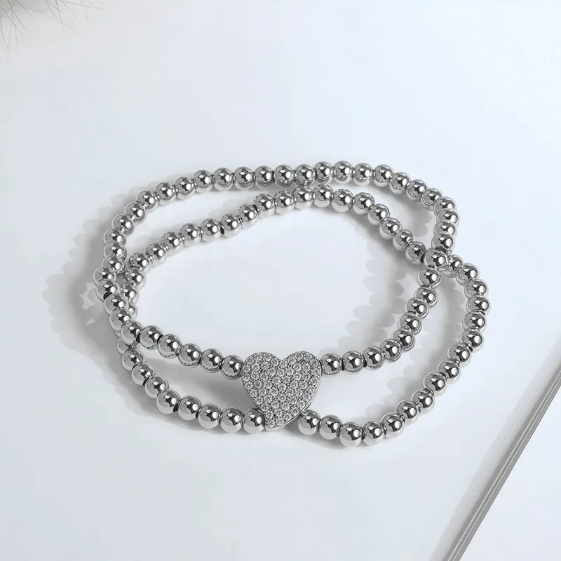 Beaded Layered Bracelet Inlaid With Zircon Heart-shaped Pentagram Gold Silver Copper Beads Elastic Bracelet Jewelry Plated With 18K Real Gold Vacuum Electroplating