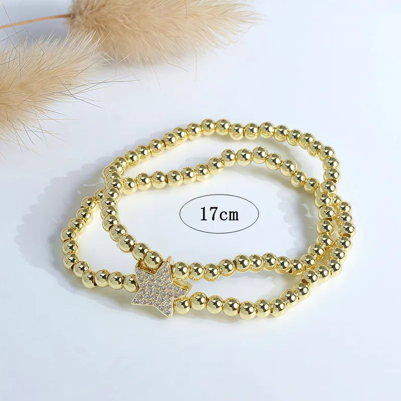 Beaded Layered Bracelet Inlaid With Zircon Heart-shaped Pentagram Gold Silver Copper Beads Elastic Bracelet Jewelry Plated With 18K Real Gold Vacuum Electroplating