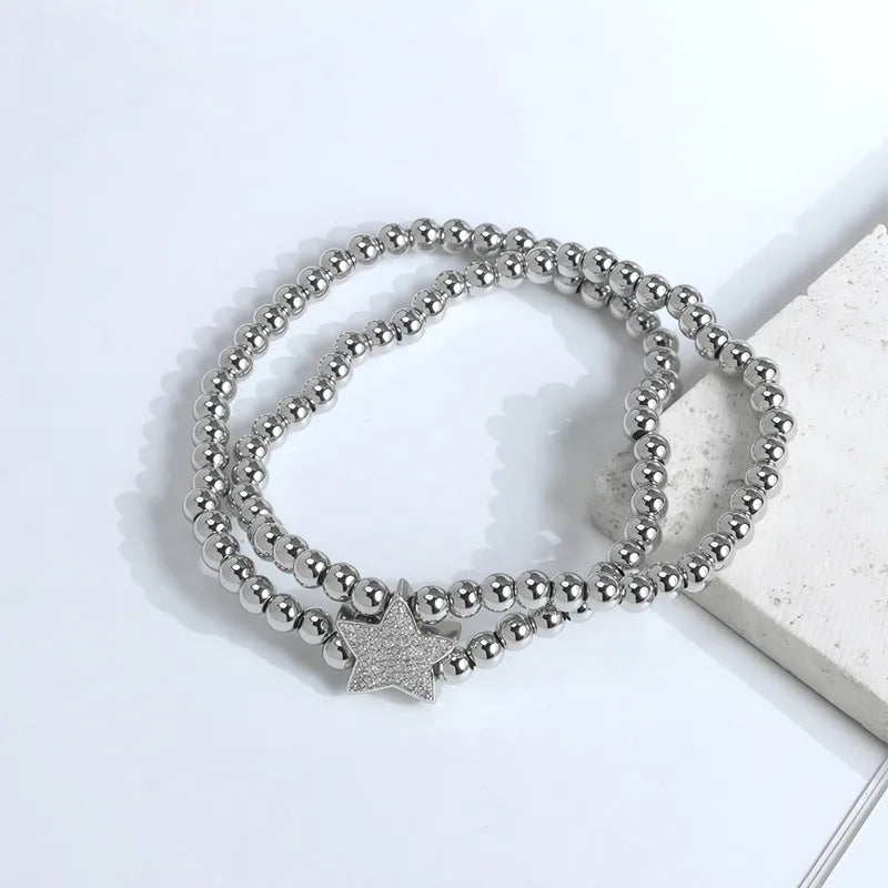 Beaded Layered Bracelet Inlaid With Zircon Heart-shaped Pentagram Gold Silver Copper Beads Elastic Bracelet Jewelry Plated With 18K Real Gold Vacuum Electroplating