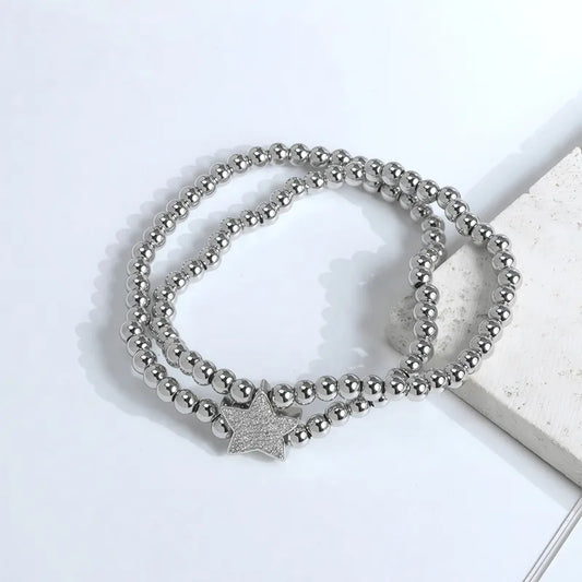 Beaded Layered Bracelet Inlaid With Zircon Heart-shaped Pentagram Gold Silver Copper Beads Elastic Bracelet Jewelry Plated With 18K Real Gold Vacuum Electroplating