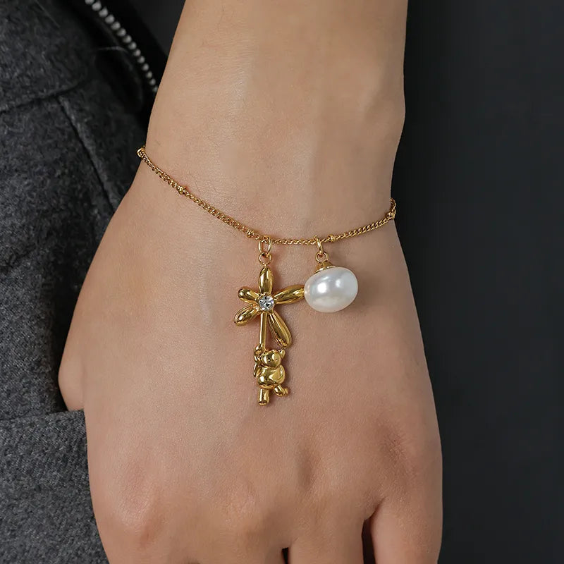 Bear Flower Vacuum Plating (In Furnace) 304 Stainless Steel Zircon Plating Lobster Clasp Bead Chain Multi Pendant Bracelet For Women