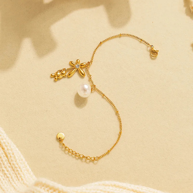 Bear Flower Vacuum Plating (In Furnace) 304 Stainless Steel Zircon Plating Lobster Clasp Bead Chain Multi Pendant Bracelet For Women