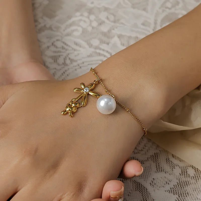 Bear Flower Vacuum Plating (In Furnace) 304 Stainless Steel Zircon Plating Lobster Clasp Bead Chain Multi Pendant Bracelet For Women