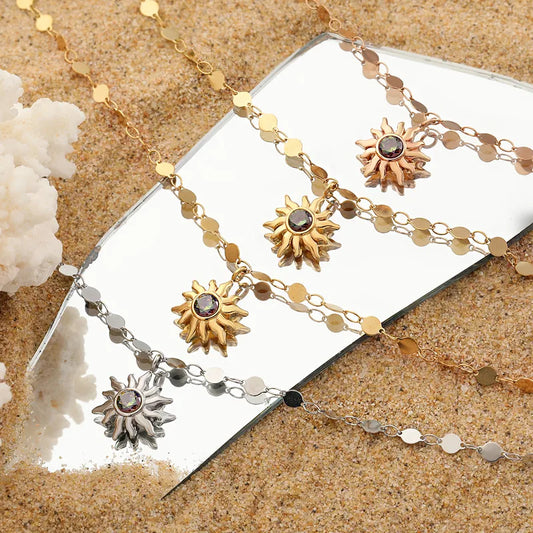 Bohemian Greek Sunflower Pendant Necklace Women's Fashion Titanium Steel Lockbone Chain Jewelry Bohemian Style Ins High-End Design