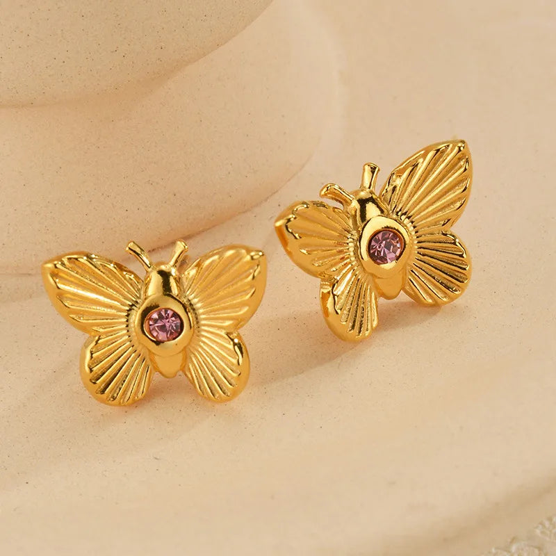 Butterfly Shape Titanium Steel Gold Plated Non-Fading Purple Zircon Earrings For Women High-Quality Micro-Pave