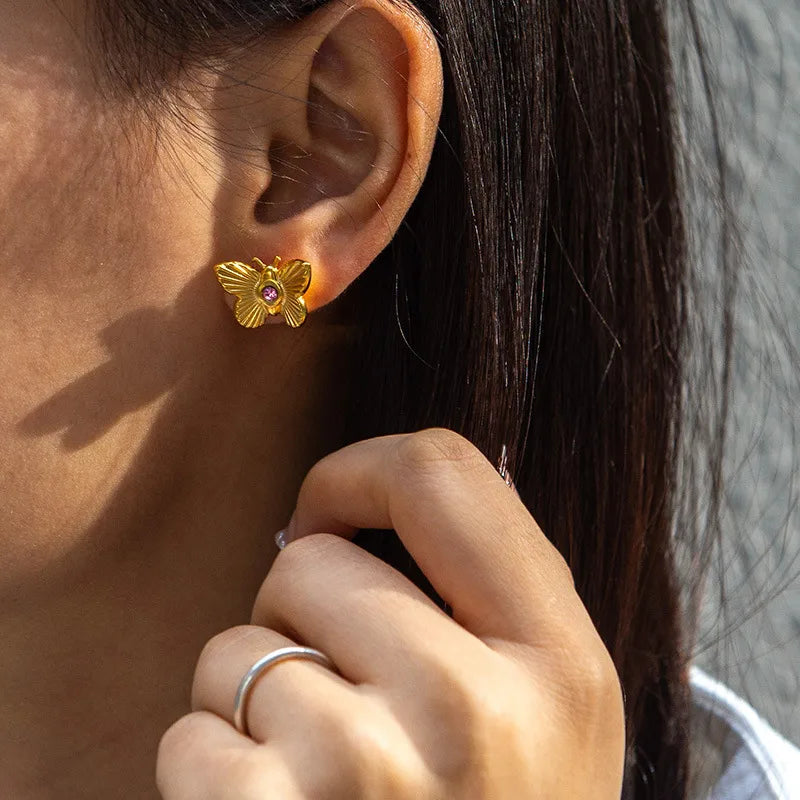 Butterfly Shape Titanium Steel Gold Plated Non-Fading Purple Zircon Earrings For Women High-Quality Micro-Pave