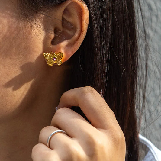 Butterfly Shape Titanium Steel Gold Plated Non-Fading Purple Zircon Earrings For Women High-Quality Micro-Pave