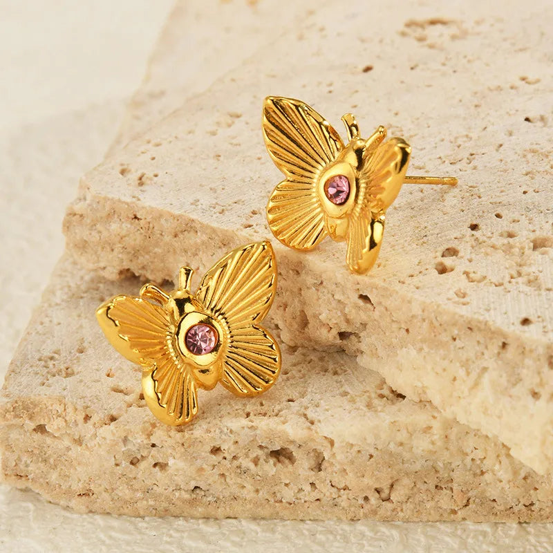 Butterfly Shape Titanium Steel Gold Plated Non-Fading Purple Zircon Earrings For Women High-Quality Micro-Pave