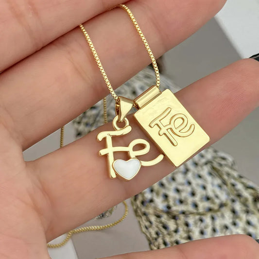 Casual Copper Plated 18K Gold Drip Necklace Religious Symbol Pattern/Heart/FE Letter/Cross Double Pendant Jewelry Gift For Men And Women