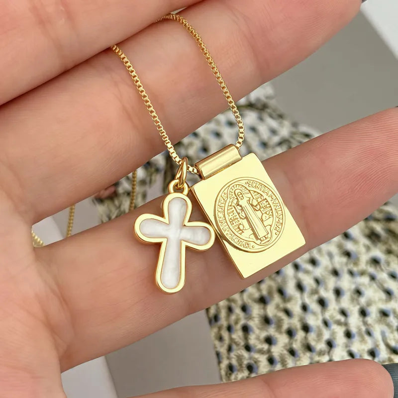 Casual Copper Plated 18K Gold Drip Necklace Religious Symbol Pattern/Heart/FE Letter/Cross Double Pendant Jewelry Gift For Men And Women
