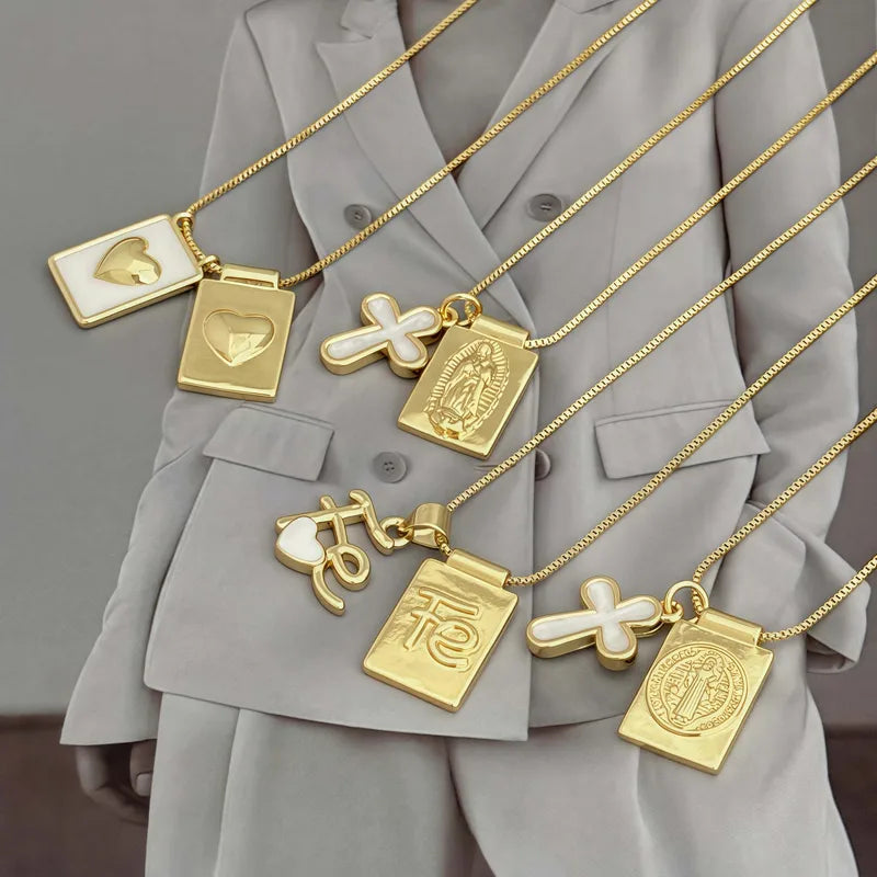 Casual Copper Plated 18K Gold Drip Necklace Religious Symbol Pattern/Heart/FE Letter/Cross Double Pendant Jewelry Gift For Men And Women