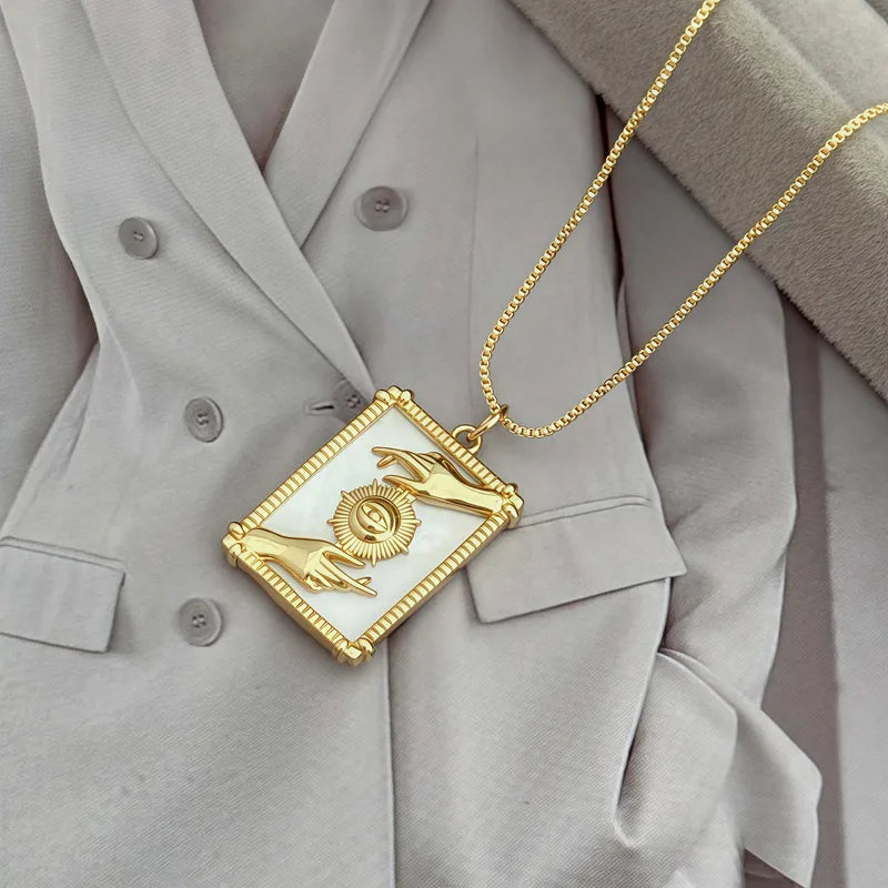 Casual Fashion Pendant Necklace Shell Geometric Shape Sun Moon Eye Pattern Copper Plated 18K Gold Unisex Jewelry For Daily Wear Gifts Parties