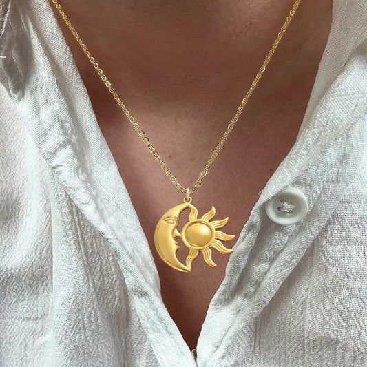 Casual Holiday Gold Silver Sun Moon Pendant Stainless Steel Chain Women's Necklace Summer Vacation Jewelry Classic Style