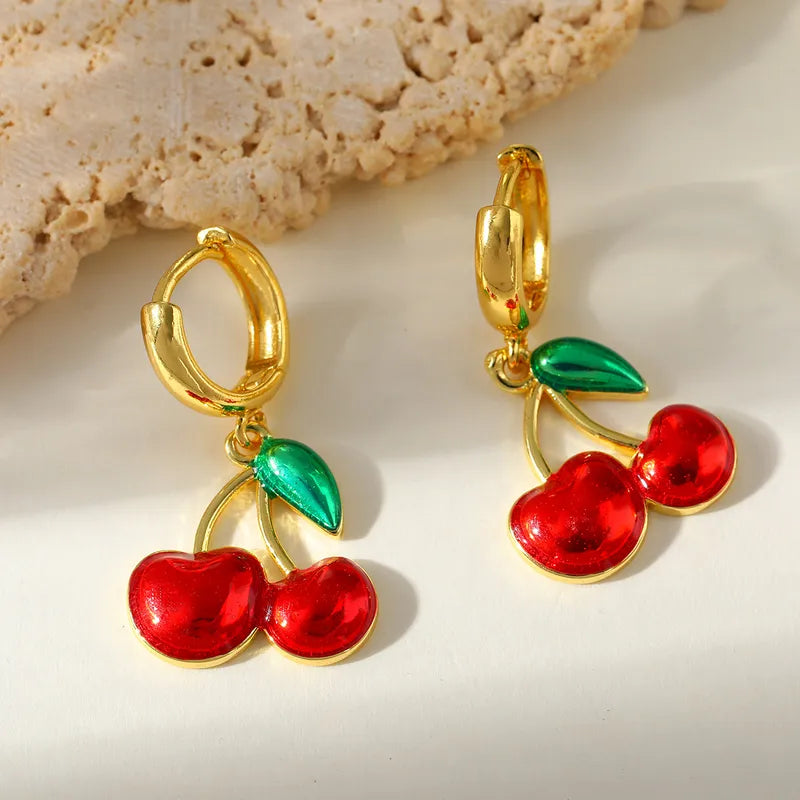 Charming Cherry Pendant Earrings Copper Plated 18K Gold Cute Fashion Jewelry For Party Date Selfie Holiday Red Gold Color