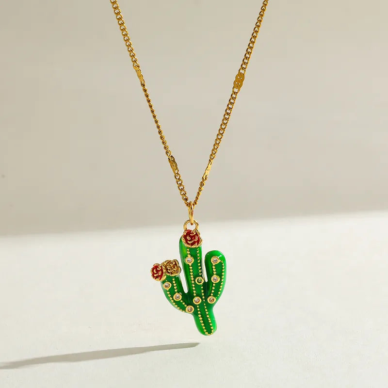 Charming New Design 18K Gold Plated Stainless Steel Copper Pendant Necklace Cute Cactus Shape Casual Romantic Commute Style