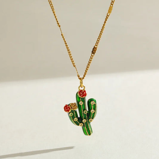 Charming New Design 18K Gold Plated Stainless Steel Copper Pendant Necklace Cute Cactus Shape Casual Romantic Commute Style