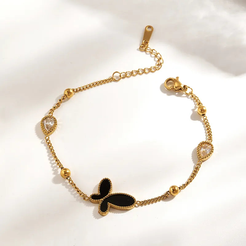 Classic 304 Stainless Steel Inner Electroplated Zircon Geometric Butterfly Lobster Clasp Simple Bracelet