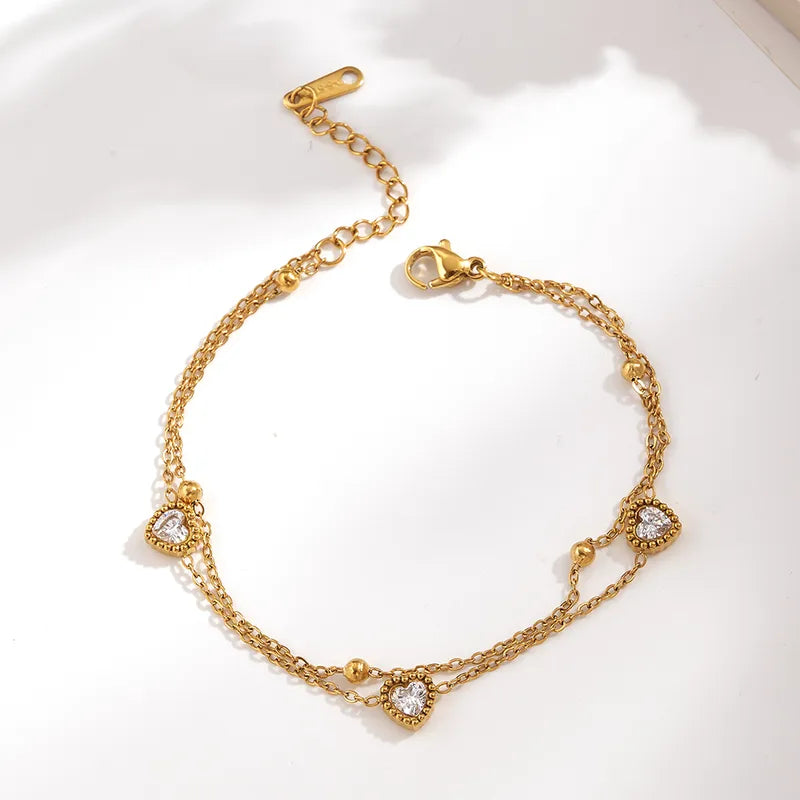 Classic 304 Stainless Steel Inner Electroplated Zircon Heart Double Layer Knot Bracelet Handmade Lobster Clasp Vacuum Electroplating