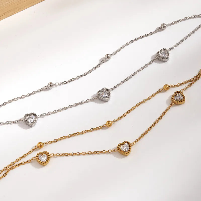 Classic 304 Stainless Steel Inner Electroplated Zircon Heart Double Layer Knot Bracelet Handmade Lobster Clasp Vacuum Electroplating