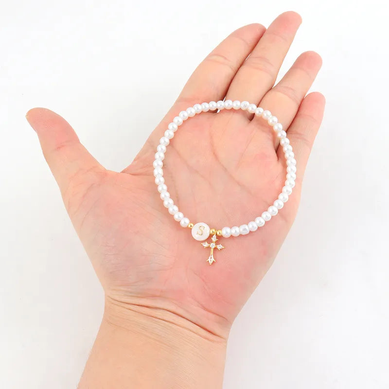Classic Micro-Set Zircon Cross Round Initial Artificial Pearl Bracelet For Women Elegant Cute Simple Style Beaded Chain Jewelry