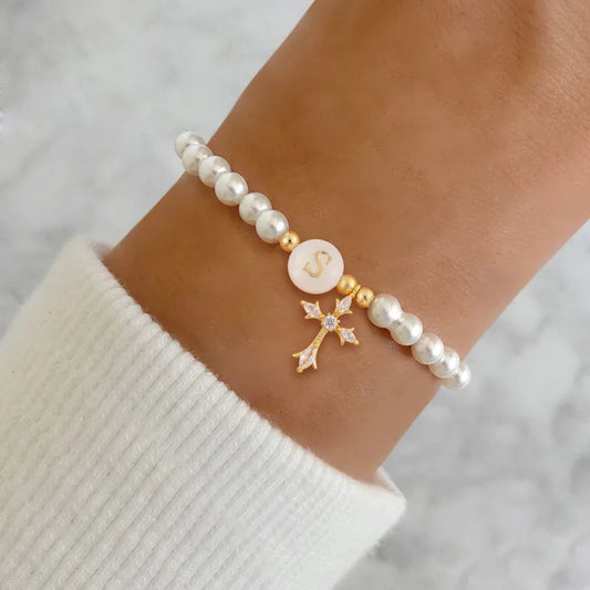 Classic Micro-Set Zircon Cross Round Initial Artificial Pearl Bracelet For Women Elegant Cute Simple Style Beaded Chain Jewelry