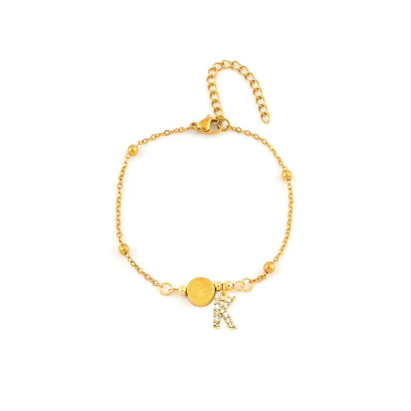 Classic Retro Initial Round Jesus & Cross Double-Sided Gold Stainless Steel Ball Chain Women's Bracelet