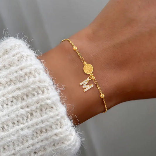 Classic Retro Initial Round Jesus & Cross Double-Sided Gold Stainless Steel Ball Chain Women's Bracelet