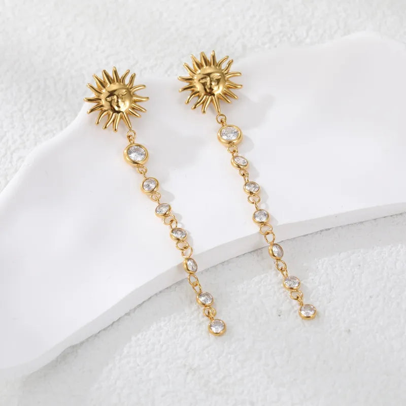 Classic Style 18K Gold 304 Stainless Steel Sun Zircon Inlaid Smiley Face Tassel Earrings For Women