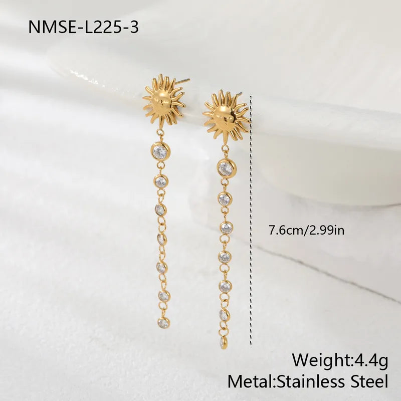 Classic Style 18K Gold 304 Stainless Steel Sun Zircon Inlaid Smiley Face Tassel Earrings For Women