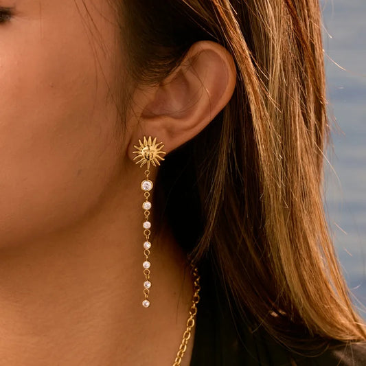 Classic Style 18K Gold 304 Stainless Steel Sun Zircon Inlaid Smiley Face Tassel Earrings For Women