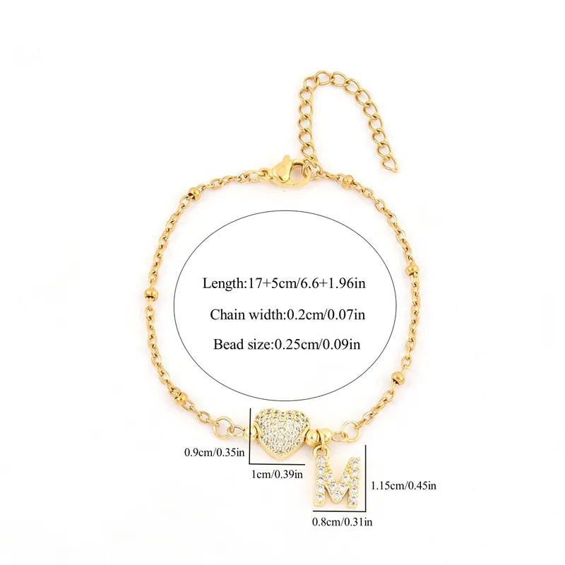 Classic Sweet Gold Micro-Set Zircon Initial Heart Shaped Women's Stainless Steel Bead Chain Bracelet Elegant Simple Style