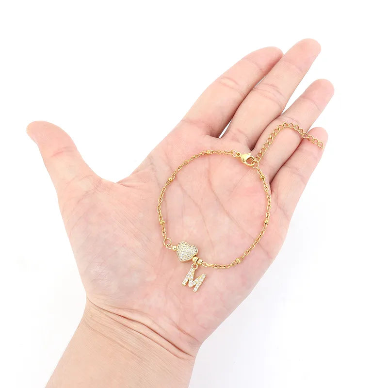 Classic Sweet Gold Micro-Set Zircon Initial Heart Shaped Women's Stainless Steel Bead Chain Bracelet Elegant Simple Style