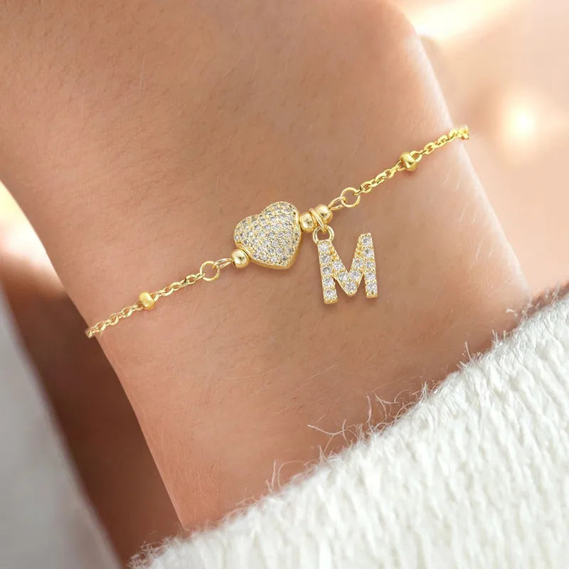 Classic Sweet Gold Micro-Set Zircon Initial Heart Shaped Women's Stainless Steel Bead Chain Bracelet Elegant Simple Style