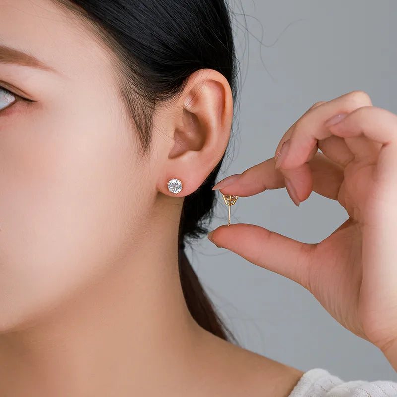 Classy Six-Prong Single Zircon Earrings Plated Alloy 24K Gold Classic Daily Ear Jewelry Fashionable Geometric Pattern For Women