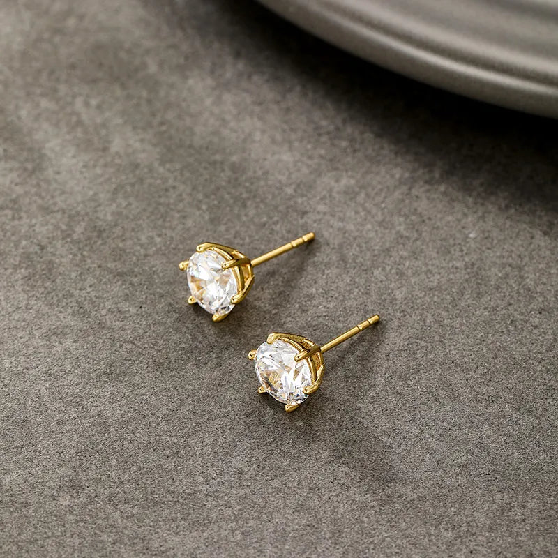 Classy Six-Prong Single Zircon Earrings Plated Alloy 24K Gold Classic Daily Ear Jewelry Fashionable Geometric Pattern For Women