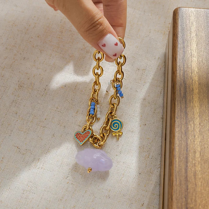 Cloud Heart-Shaped Candy Vacuum Electroplating (In Furnace) 18K Real Gold Plated 304 Stainless Steel No Inlay Material Acrylic Multi Pendant Women's Bracelet