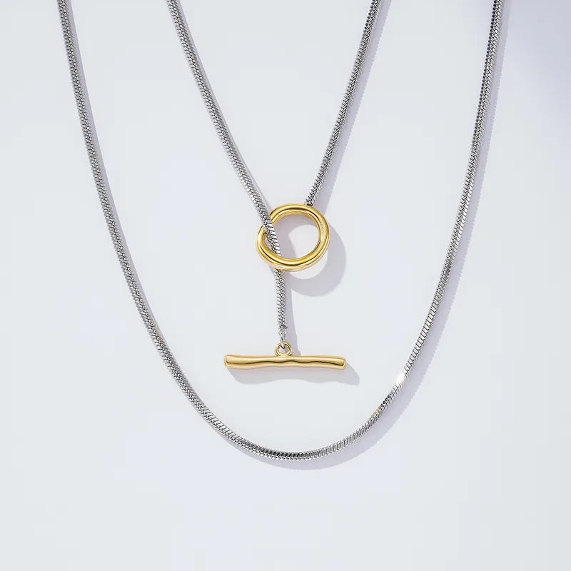 Color Block Double Layer Snake Bone Chain Necklace Personality OT Buckle Niche High-end Sense Stacking Sweater Chain Simple Fashion Elegant Women's Jewelry Accessories