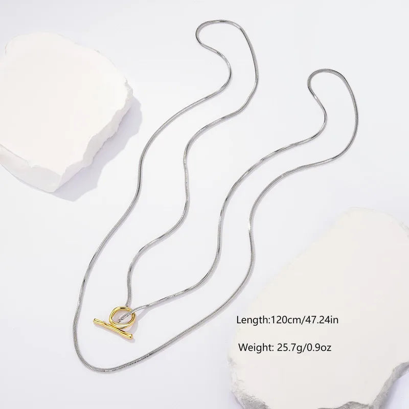 Color Block Double Layer Snake Bone Chain Necklace Personality OT Buckle Niche High-end Sense Stacking Sweater Chain Simple Fashion Elegant Women's Jewelry Accessories