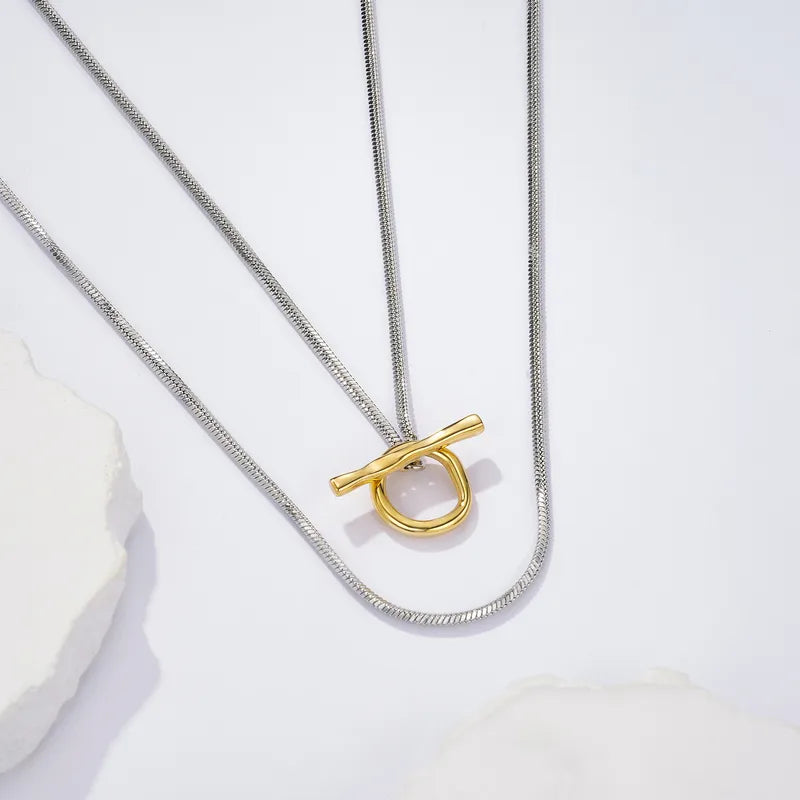 Color Block Double Layer Snake Bone Chain Necklace Personality OT Buckle Niche High-end Sense Stacking Sweater Chain Simple Fashion Elegant Women's Jewelry Accessories