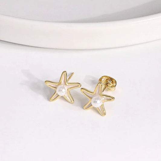 Colorful Enamel Starfish Pearl Earrings Women's Versatile Cute Personality Design 18K Gold Plated Copper Jewelry Accessories