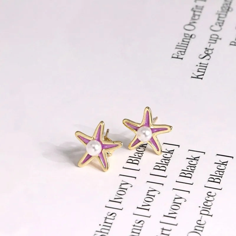 Colorful Enamel Starfish Pearl Earrings Women's Versatile Cute Personality Design 18K Gold Plated Copper Jewelry Accessories