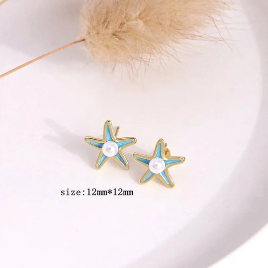 Colorful Enamel Starfish Pearl Earrings Women's Versatile Cute Personality Design 18K Gold Plated Copper Jewelry Accessories
