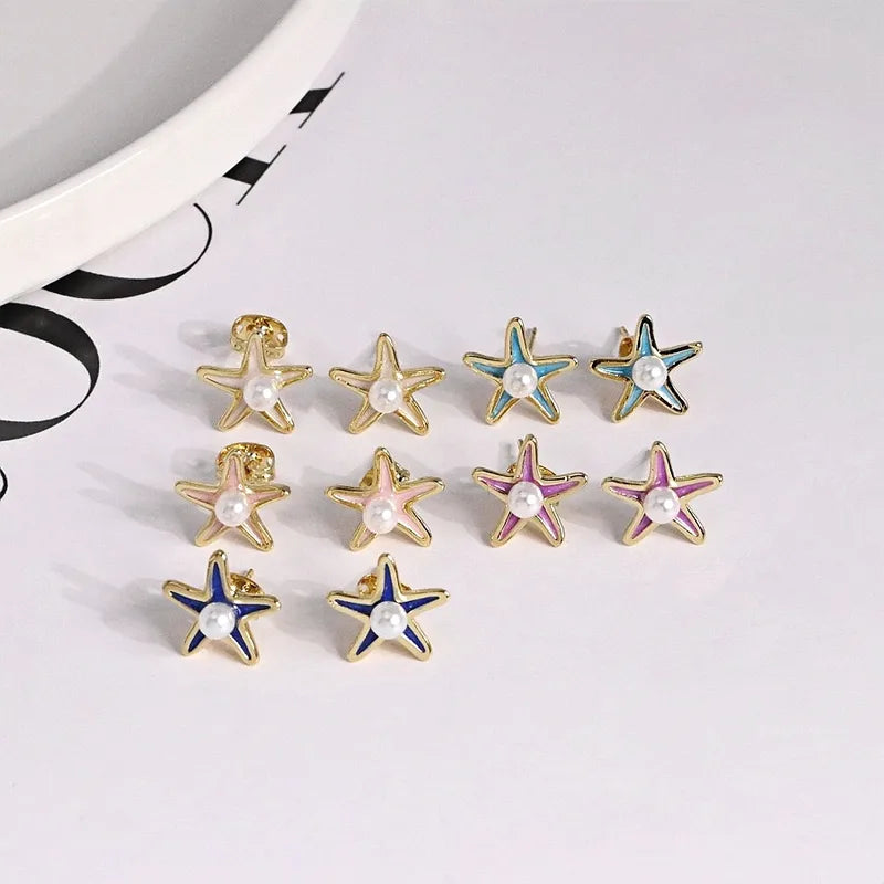 Colorful Enamel Starfish Pearl Earrings Women's Versatile Cute Personality Design 18K Gold Plated Copper Jewelry Accessories