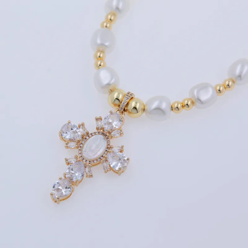 Copper 18K Gold Plated Beaded Cross Virgin Mary Shell Zircon Pendant Necklace