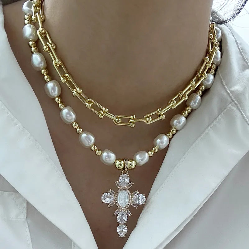 Copper 18K Gold Plated Beaded Cross Virgin Mary Shell Zircon Pendant Necklace