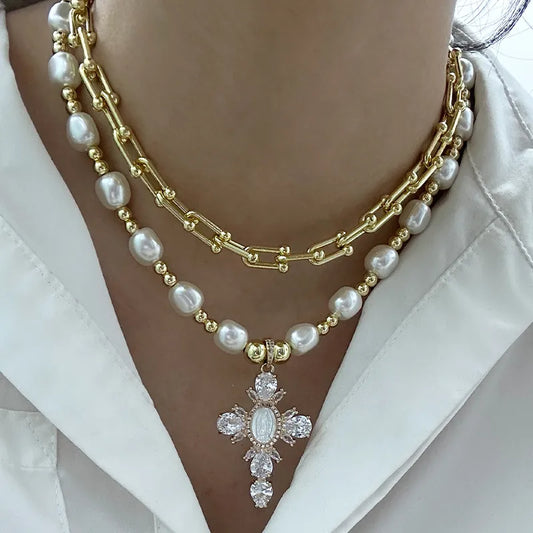 Copper 18K Gold Plated Beaded Cross Virgin Mary Shell Zircon Pendant Necklace