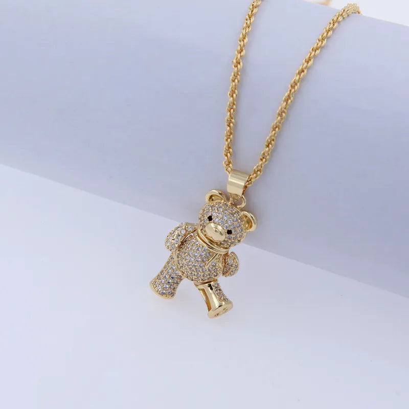 Copper 18K Gold Plated Inlay Bear Zircon Pendant Necklace