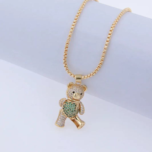 Copper 18K Gold Plated Inlay Bear Zircon Pendant Necklace