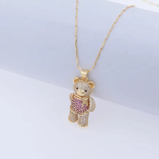 Copper 18K Gold Plated Inlay Bear Zircon Pendant Necklace