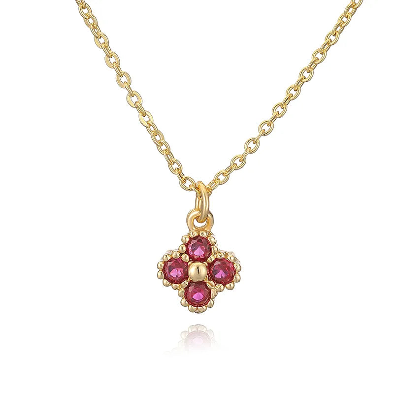 Copper 18K Gold Plated Inlay Four Leaf Clover Zircon Pendant Necklace